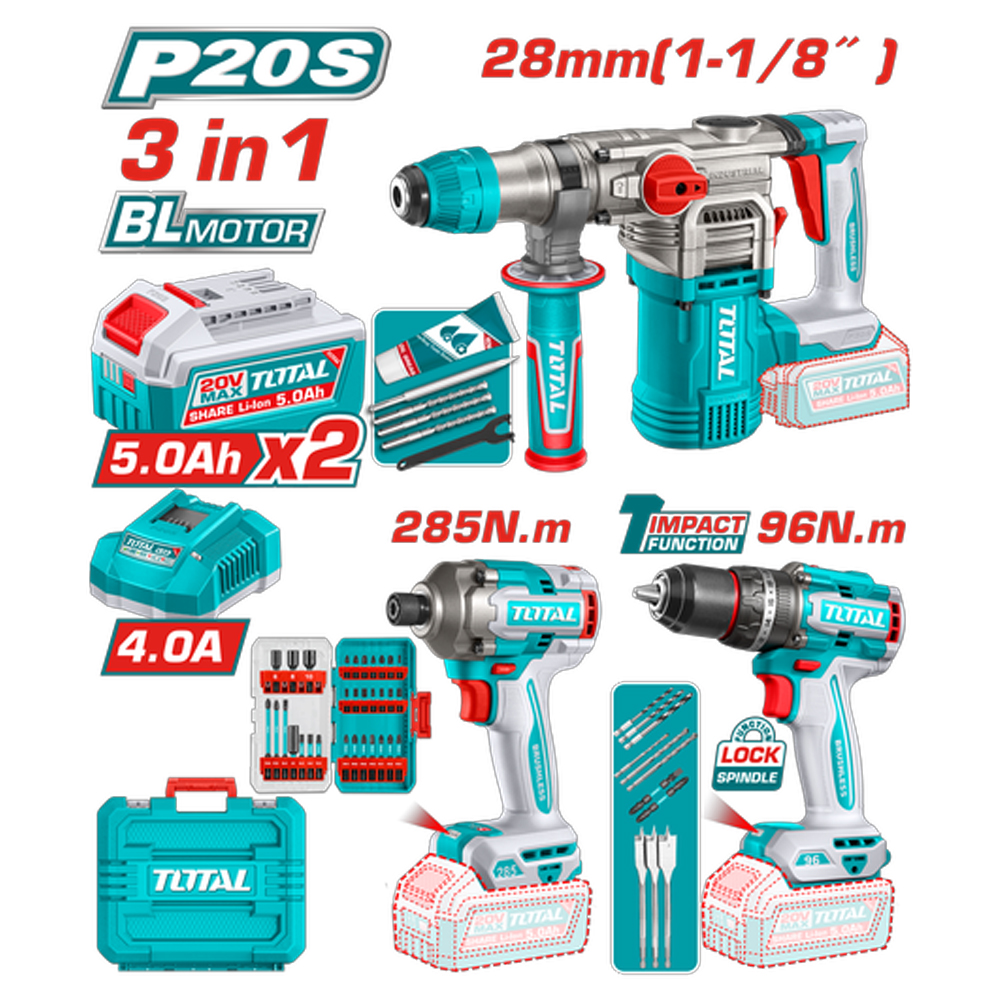 COMBO INALAMBRICO  20V  TALADRO  PERCUTOR 1/2" 66 NM  + PISTOLA DE IMPACTO 1/4" 285 NM + TALADRO ROTOMARTILLO SDS PLUS  4.5 JULES  INCLUYE 2 BATERIA 5.0AH , 1 CARGADOR Y ACCESORIOS  INDUSTRIAL  SUPER TOTAL (UTOSLI250693)