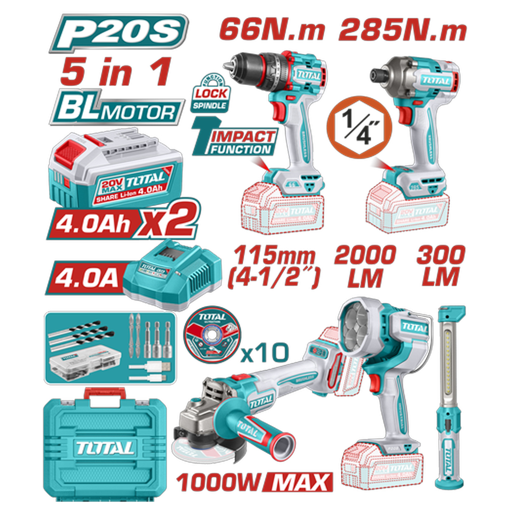COMBO INALAMBRICO 20V TALADRO  PERCUTOR 1/2 66 NM + PISTOLA IMPACTO 1/4 285 NM + PULIDORA  4 1/2 1000W + LAMPARA DE TRABAJO  2000 LM + LAMPARA DE TRABAJO 300 LM  INCLUYE 2 BATERIAS 4.0AH , CARGADOR Y ACCESORRIOS INDUSTRIAL SUPER TOTAL (UTOSLI250692)