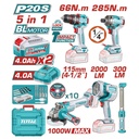 COMBO INALAMBRICO 20V TALADRO  PERCUTOR 1/2 66 NM + PISTOLA IMPACTO 1/4 285 NM + PULIDORA  4 1/2 1000W + LAMPARA DE TRABAJO  2000 LM + LAMPARA DE TRABAJO 300 LM  INCLUYE 2 BATERIAS 4.0AH , CARGADOR Y ACCESORRIOS INDUSTRIAL SUPER TOTAL (UTOSLI250692)