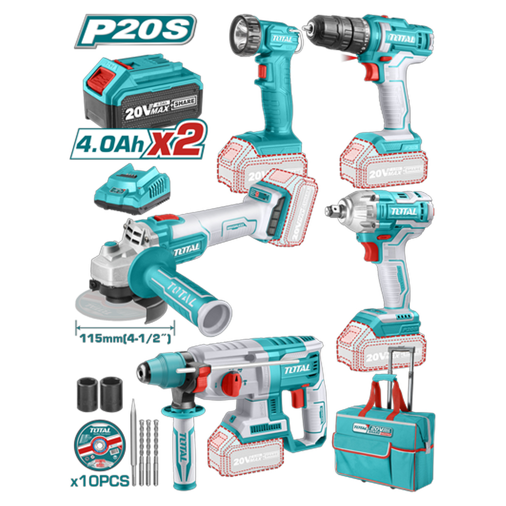 COMBO INALAMBRICO 20V X 5 PCS ROTOMARTILLO + PULIDORA + PISTOLA DE IMPACTO + TALADRO TOTAL (UTCKLI2019)