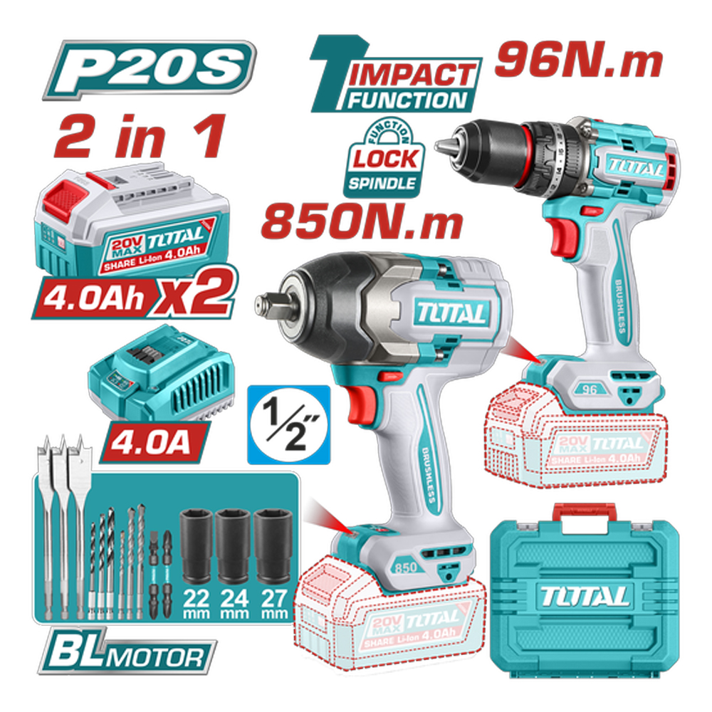 COMBO INALAMBRICO TALADRO 1/2" 96 N.M + PISTOLA DE IMPACTO 1/2" 20V 850 N.M INCLUYE 2 BATERIA 4.0AH , 1 CARGADOR Y ACCESORIOS INDUSTRIAL SUPER TOTAL (UTOSLI250586)