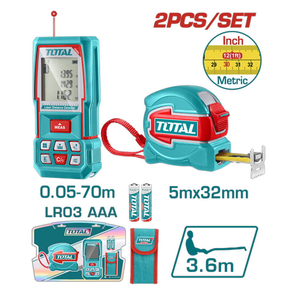 KIT DE MEDIDOR DE DISTANCIAS LASER 70 MTS + METRO 5 MTS HOJA 32MM INDUSTRIAL SUPER TOTAL (TLDD241201)