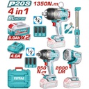 COMBO INALAMBRICO 20V TISTOLA IMPACTO INALAMBRICA 3/4 1350NM + PISTOLA IMPACTO INALAMBRICA 1/2 850NM+LAMPARA DE TRABAJO  2000 LM + LAMPARA DE TRABAJO 300 LM  INCLUYE 2 BATERIAS 5.0AH , CARGADOR Y ACCESORRIOS INDUSTRIAL SUPER TOTAL (UTOSLI250782)
