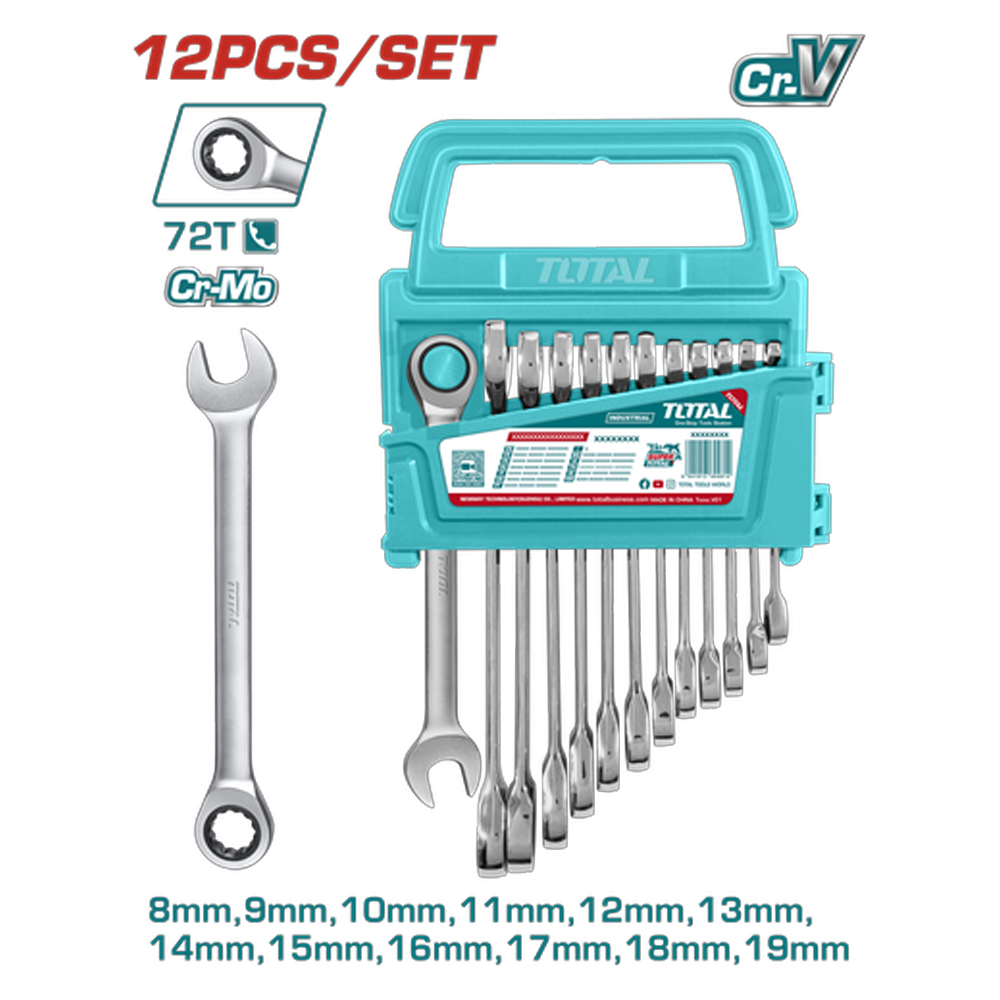 LLAVE MIXTA CON RACHE  8 - 19 MM JUEGO X 12 PZS  INDUSTRIAL SUPER TOTAL (THT102RK0126)
