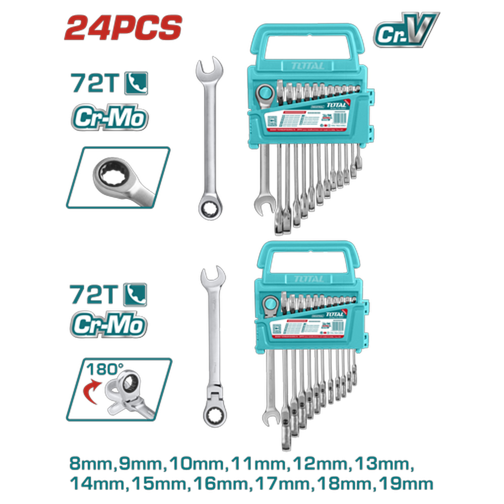 LLAVE MIXTA CON RACHE FLEXIBLE 8 - 19 MM JUEGO X 12 PZS  + LLAVE MIXTA CON RACHE FIJO 8-19MM JUEGO X 12 PZS INDUSTRIAL SUPER TOTAL (THT103RK246)