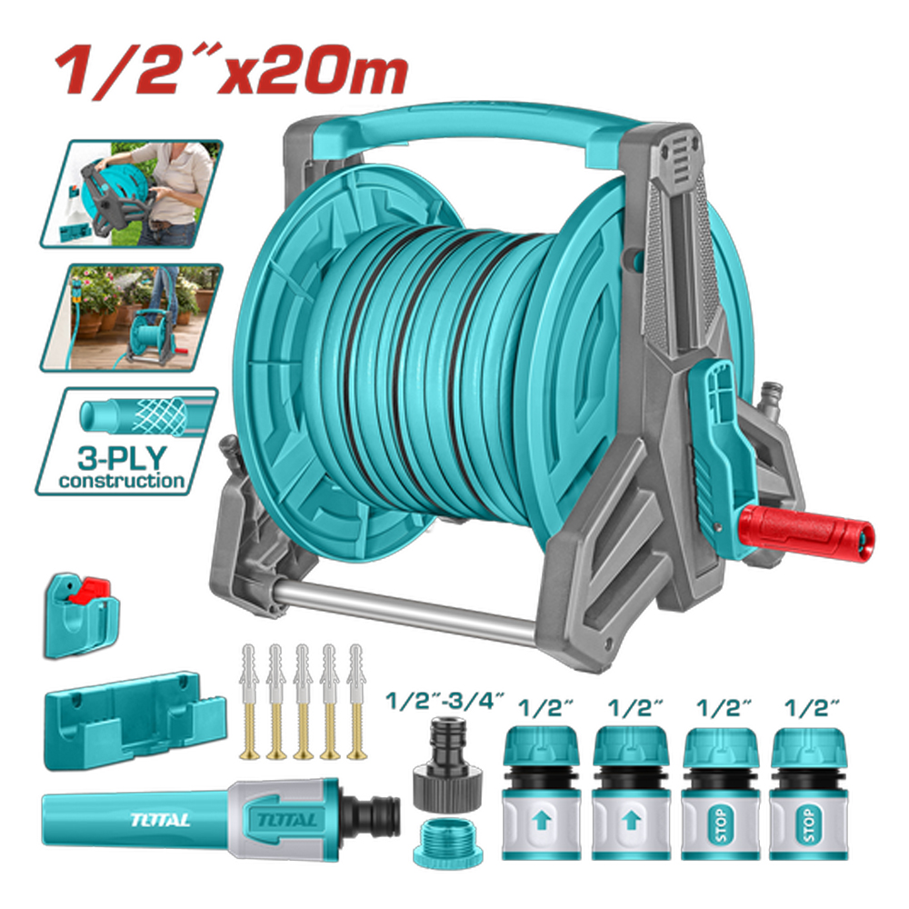 MANGUERA DE JARDIN 20 MTS CON CARRETE INCLUYE ACCESORIOS TOTAL (THHR20124)