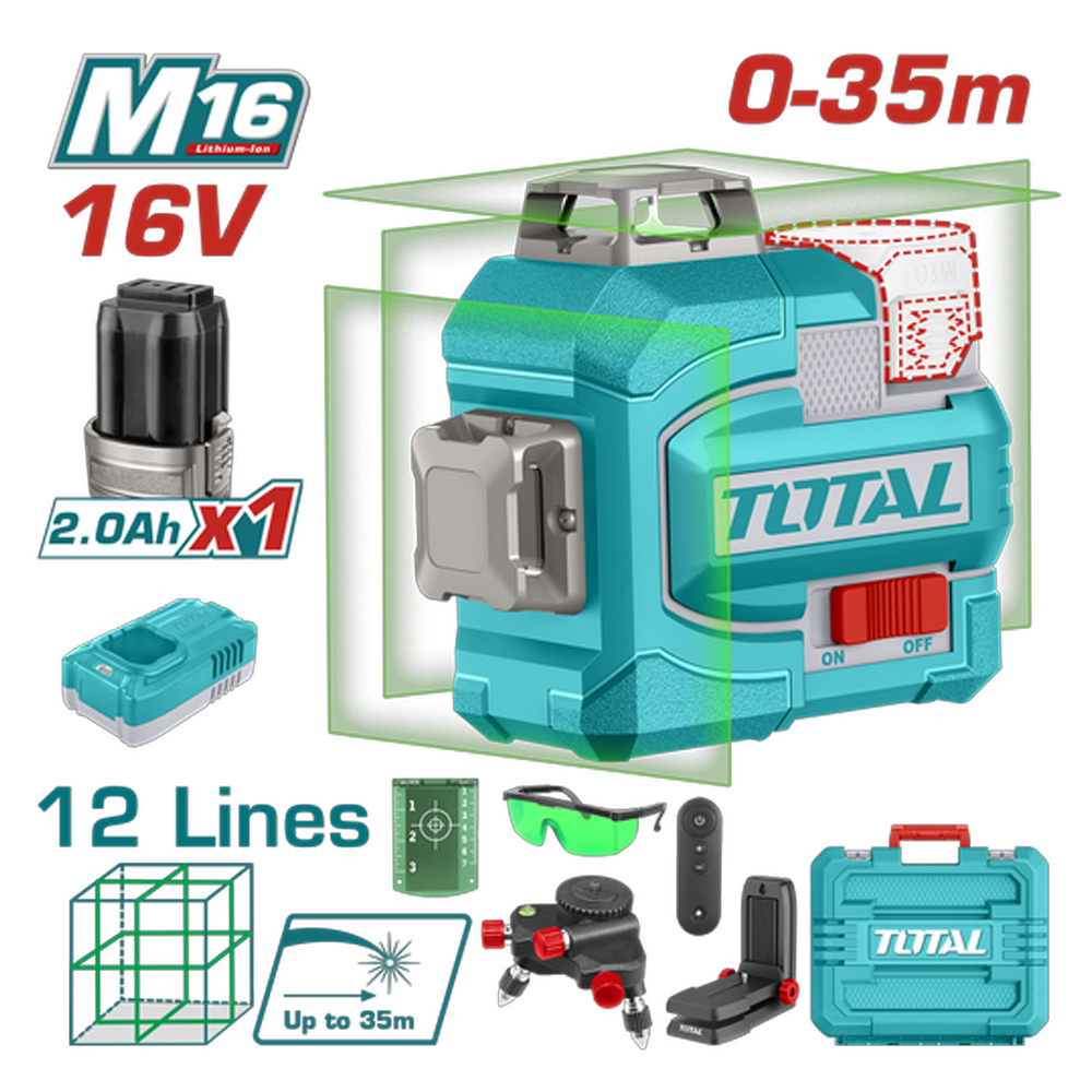 NIVEL LASER 0-35M  LUZ VERDE  3D 12 LINEAS 16V INDUSTRIAL SUPER TOTAL (UTLL301201)
