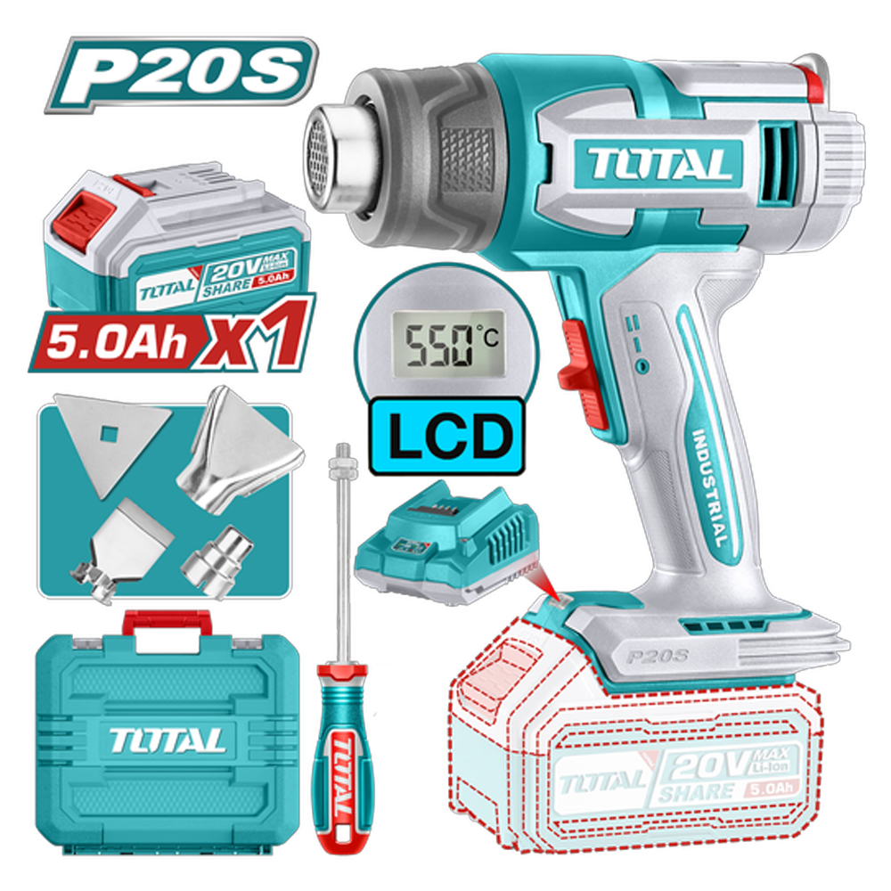 PISTOLA CALOR INALAMBRICA  20V CON TEMPERATURA AJUSTABLE PANTALLA LCD INCLUYE 4 BOQUILLAS 1 BATERIA 5.0AH Y 1 CARGADOR INDUSTRIAL SUPER TOTAL (UTBLI20035)