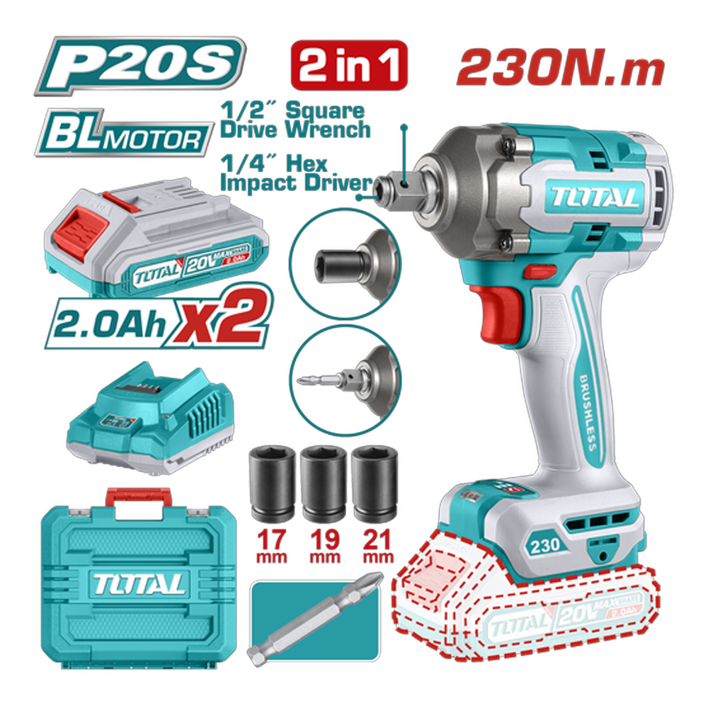 PISTOLA IMPACTO INALAMBRICA 1/2 20V 230 NM  INCLUYE 2 BATERIAS 1 CARGADOR COPAS DE 17,19,21 Y PUNTA DESTORNILLADOR INDUSTRIAL SUPER TOTAL(UTIWLI20236A)