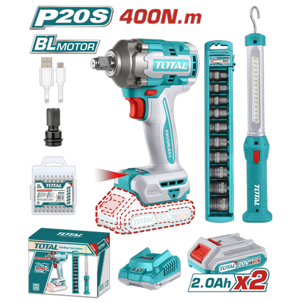 PISTOLA IMPACTO INALAMBRICA 1/2 20V 400 NM INCLUYE 2 BATERIAS 1 CARGADOR 1 LAMPARA DE TRABAJO 1 ADAPTADOR , COPAS Y 10 PUNTAS TALADRO SUPER TOTAL (UTOSLI23048)