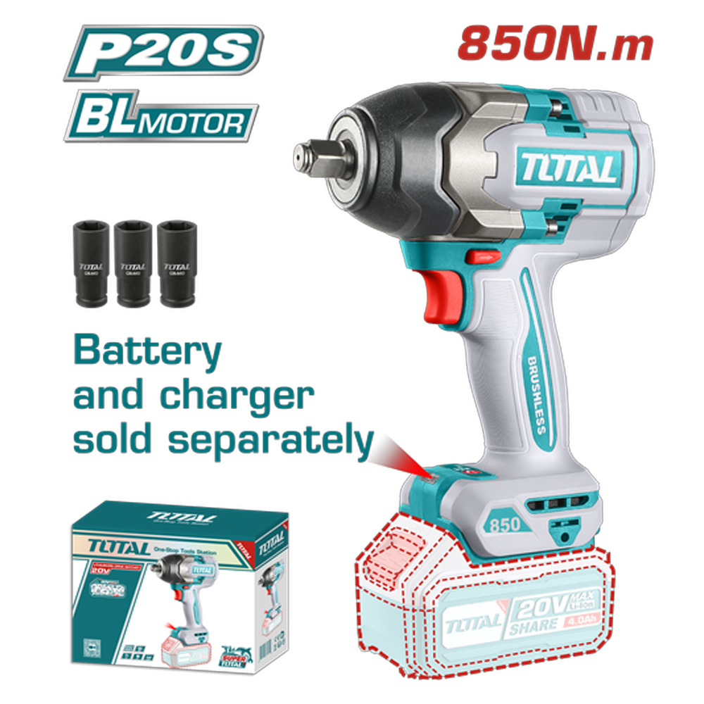 PISTOLA IMPACTO INALAMBRICA 1/2 20V 850NM BATERIA Y CARGADOR SE VENDEN POR SEPARADO SUPER TOTAL (TIWLI20851)