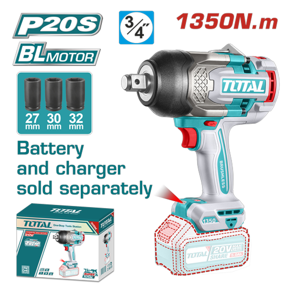 PISTOLA IMPACTO INALAMBRICA 3/4 20V 1350NM  INCLUYE 3 COPAS 27,30,32 MM, CARGADOR Y BATERIA SE VENDEN POR SEPARADO INDUSTRIAL SUPER TOTAL (TIWLI201351)