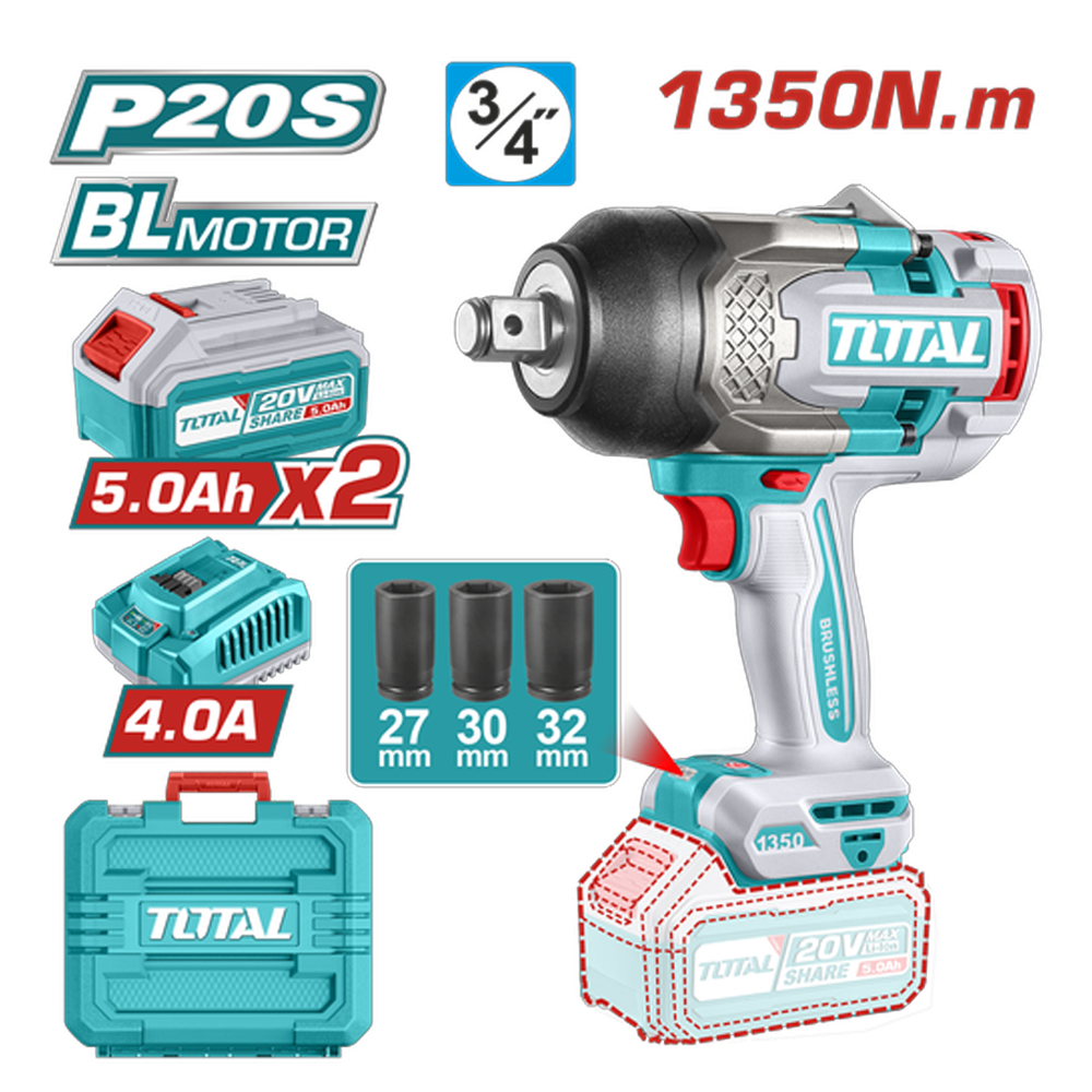 PISTOLA IMPACTO INALAMBRICA 3/4 20V 1350NM INCLUYE 2 (5.0 AH) BATERIAS 1 CARGADOR Y 3 COPAS 27,30,32 MM INDUSTRIAL SUPER TOTAL (UTIWLI20135)