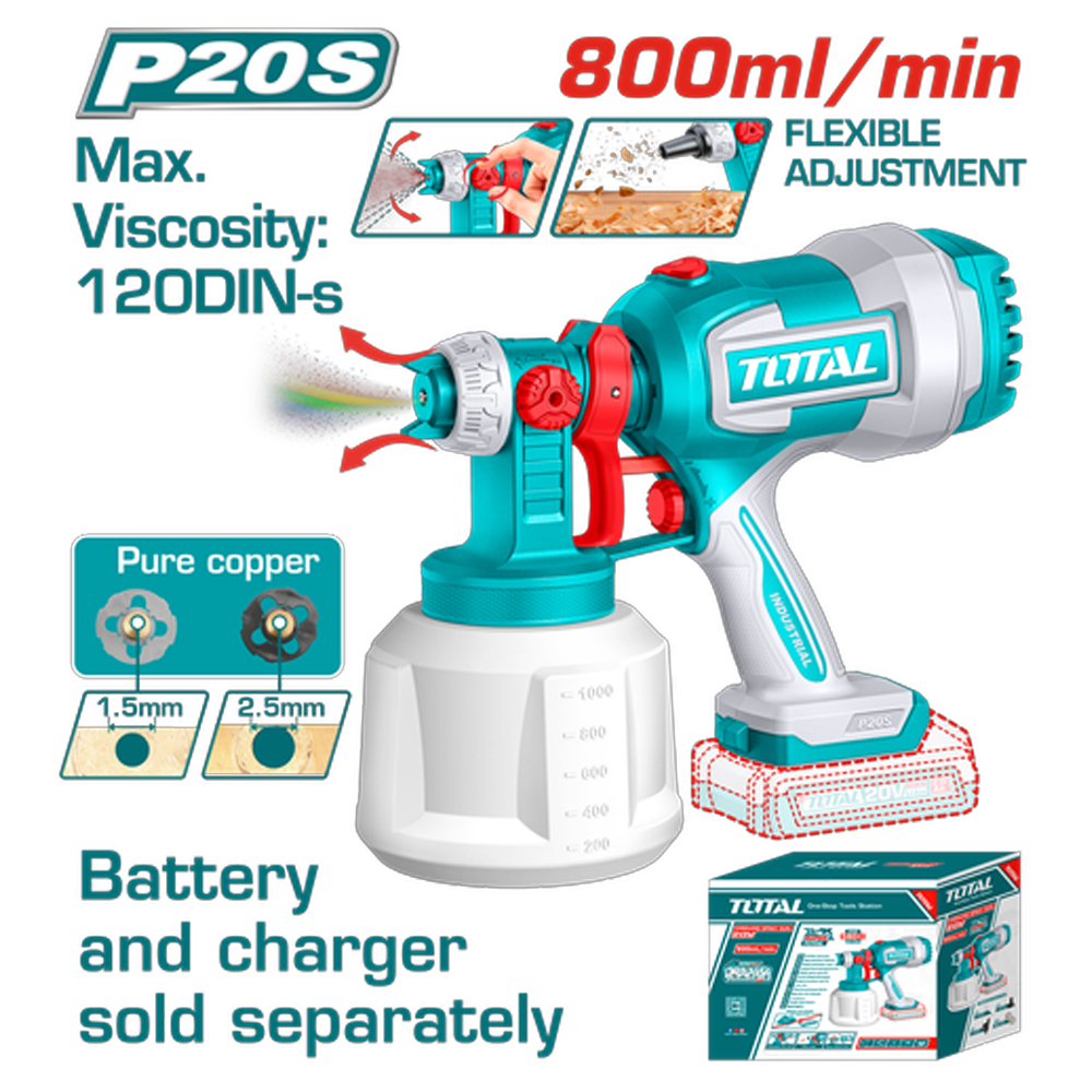 PISTOLA PINTAR INALAMBRICA 800ML 20V INCLUYE AGUJA DE LIMPIEZA Y DOS BOQUILLAS, BATERIA Y CARGADOR NO INCLUIDO TOTAL (TSGLI2004)