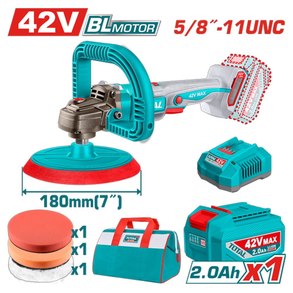 POLICHADORA INALAMBRICA 5/8" 42V INCLUYE 1 BATERIA 2.0AH, 1 CARGADOR Y ACCESORIOS  INDUSTRIAL SUPER TOTAL (UTAPLI42181)