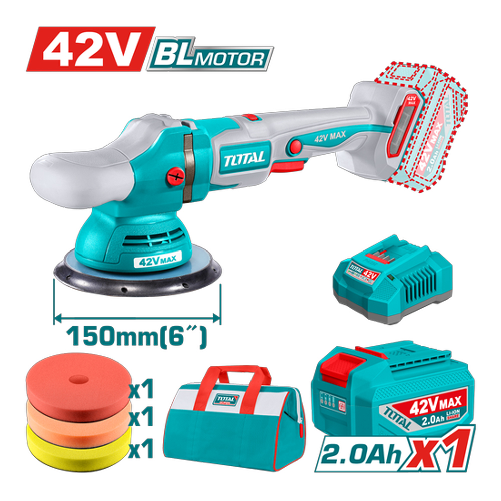 POLICHADORA INALAMBRICA 8" 42V INCLUYE 1 BATERIA 2.0AH, 1 CARGADOR Y ACCESORIOS  INDUSTRIAL SUPER TOTAL (UTAPLI42151)