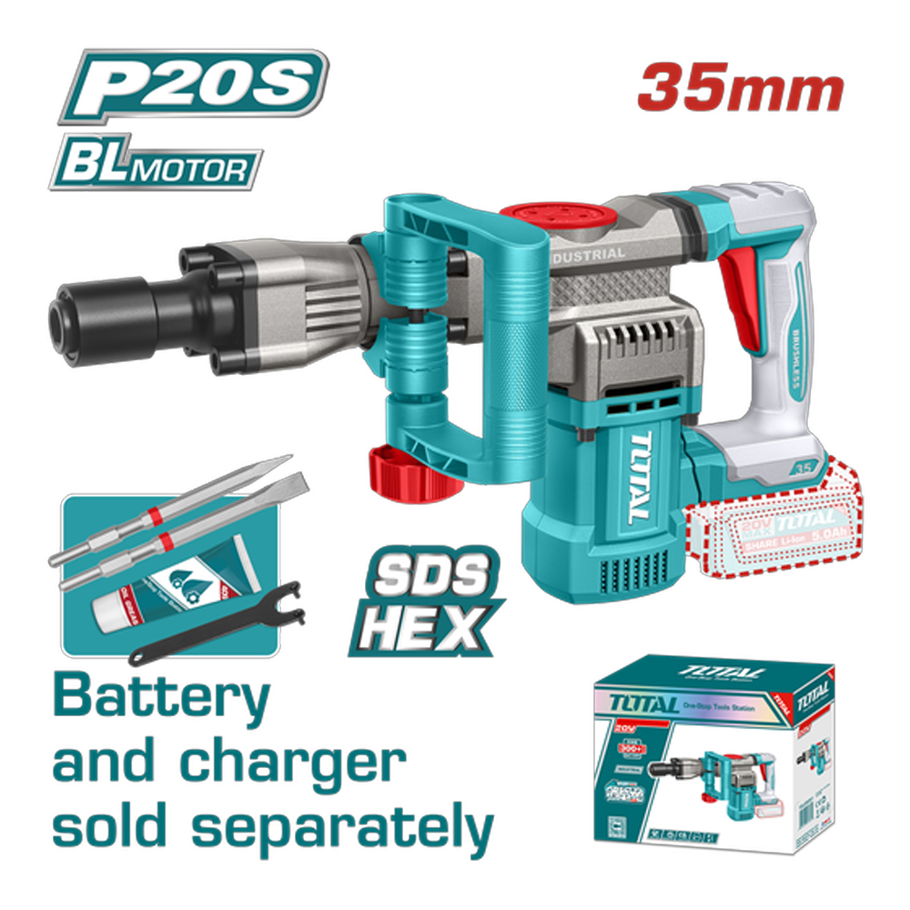 DEMOLEDOR SDS HEX INALAMBRICO 20V 16J INCLUYE ACCESORIOS BATERIA Y CARGADOR SE VENDEN POR SEPARADO  INDUSTRIAL SUPER TOTAL  (TDBLI20358)