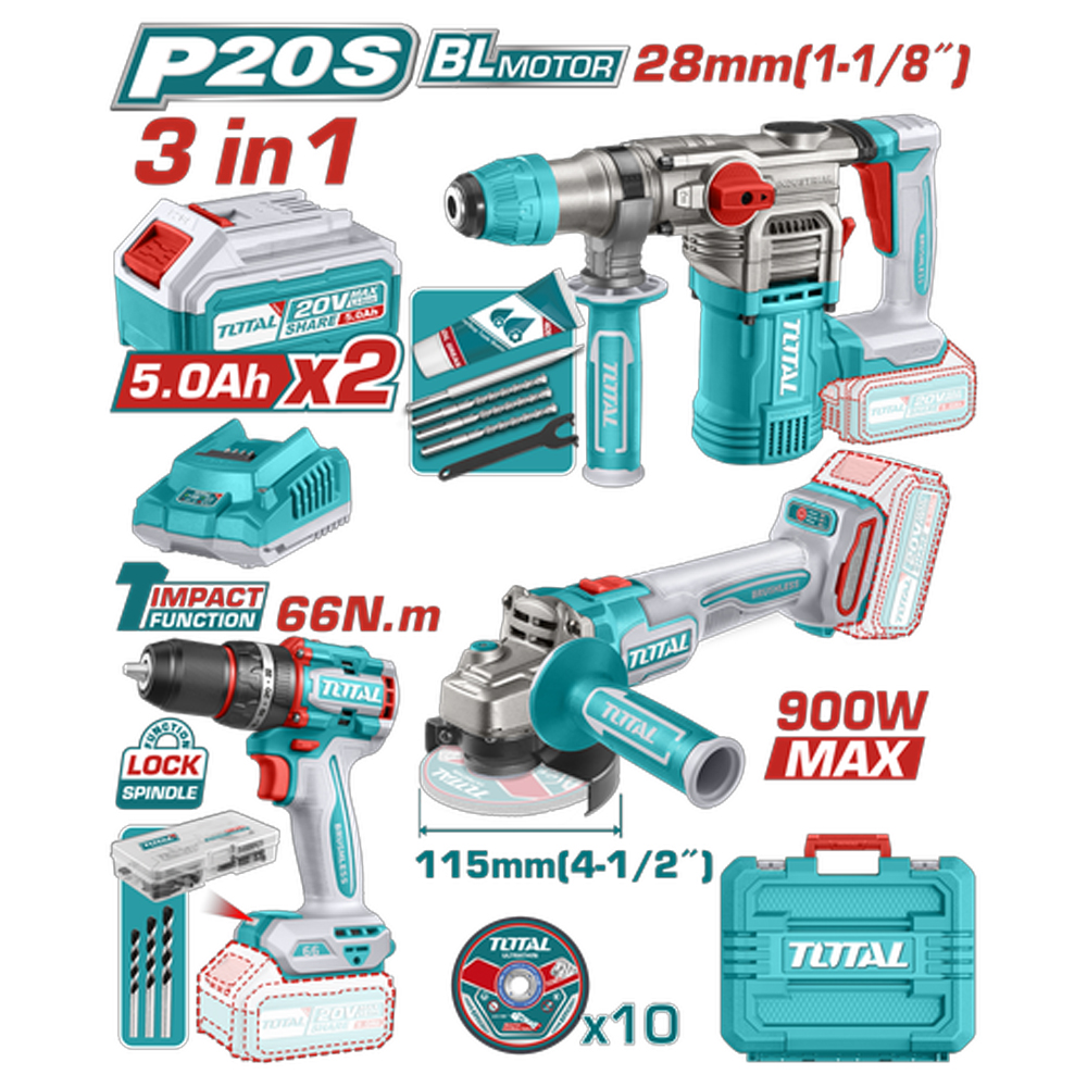 COMBO INALAMBRICO 20V  X 3 PZS TALADRO ATORNILLADOR INALAMBRICO 1/2 66 NM +  PULIDORA INALAMBRICA 4 1/2 + TALADRO ROTOMARTILLO SDS PLUS  4.5 JULES  INLCUYE 2 BATERIAS 5.0AH , 1 CARGADOR , 10 DISCOS DE CORTE Y 47 ACCESORIOS INDUSTRIAL SUPER TOTAL (UTOSLI241183)