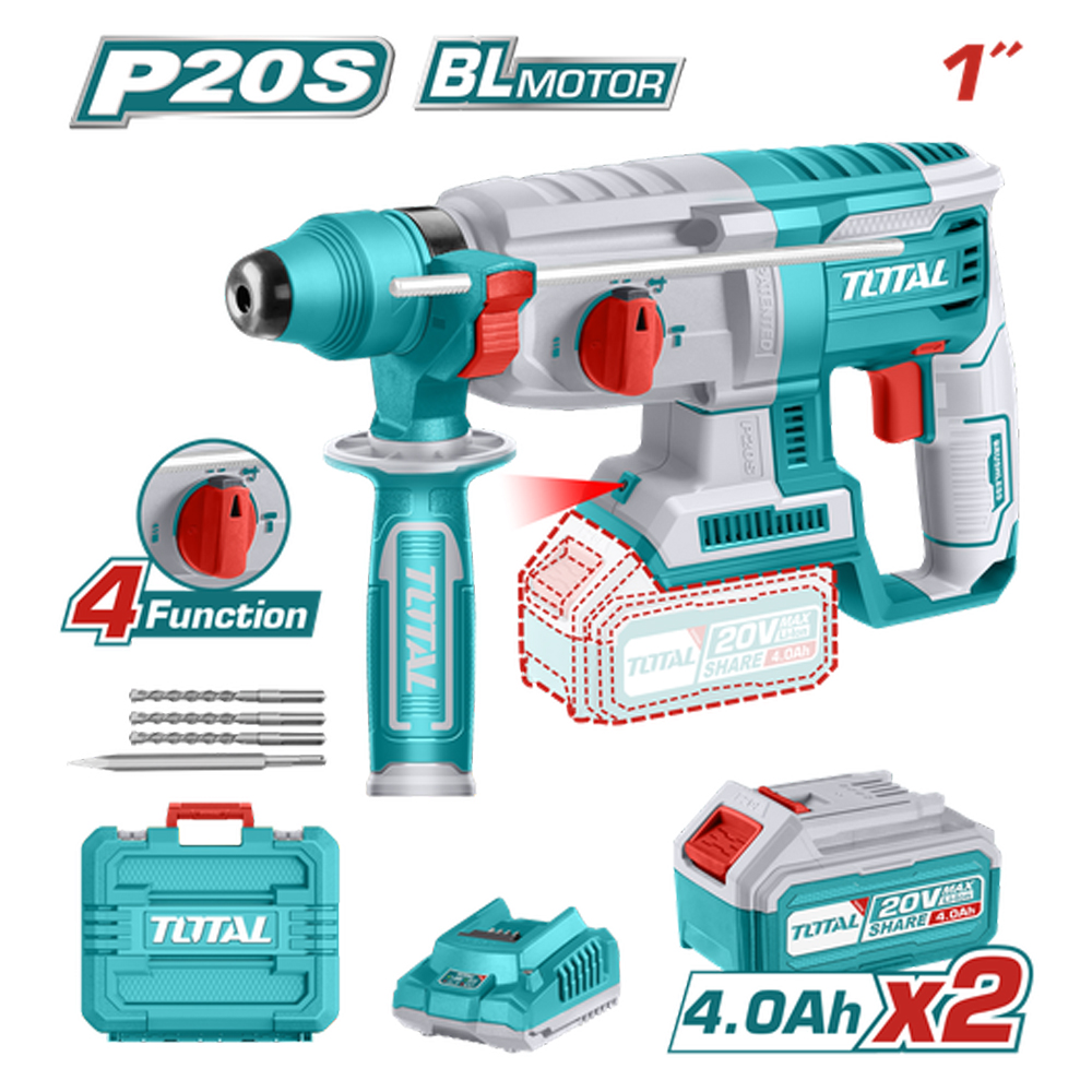 TALADRO ROTOMARTILLO 20V SDS PLUS 2.5 JULES INCLUYE 2 BATERIAS Y 1 CARGADOR SUPER TOTAL (UTRHLI202287)
