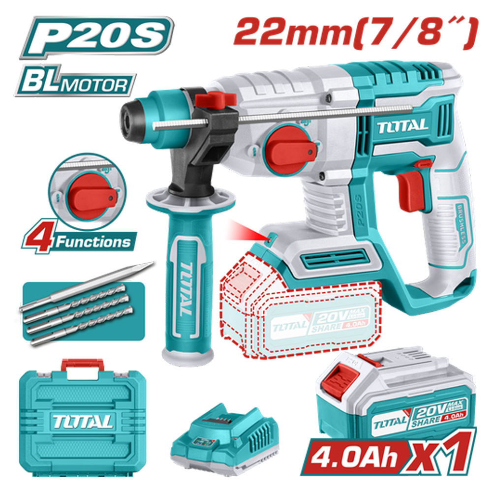 TALADRO ROTOMARTILLO 7/8"  20V SDS PLUS 2.0 JULES INCLUYE 1 BATERIA,1 CARGADOR Y 4 ACCESORIOS INDUSTRIAL  SUPER TOTAL (UTRHLI202081)