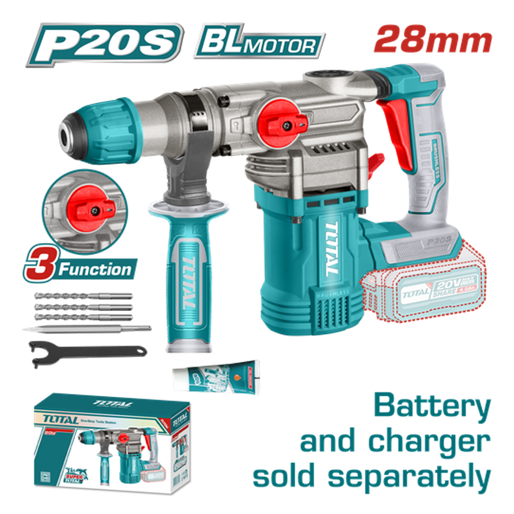 TALADRO ROTOMARTILLO SDS PLUS  4.5 JULES INCLYE ACCESORIOS CARGADOR Y BATERIA NO INCLUIDO INDUSTRIAL TOTAL (TRHLI20288)