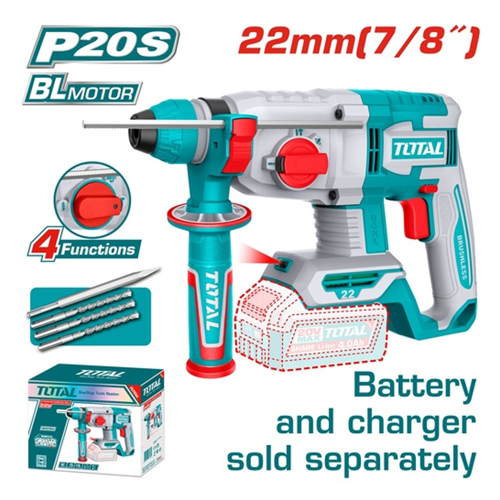 TALADRO ROTOMARTILLO SDS PLUS 7/8" 20V 4.5 JULES INCLUYE ACCESORIOS BATERIA Y CARGADOR NO INCLUIDO INDUSTRIAL SUPER TOTAL (TRHLI21228)