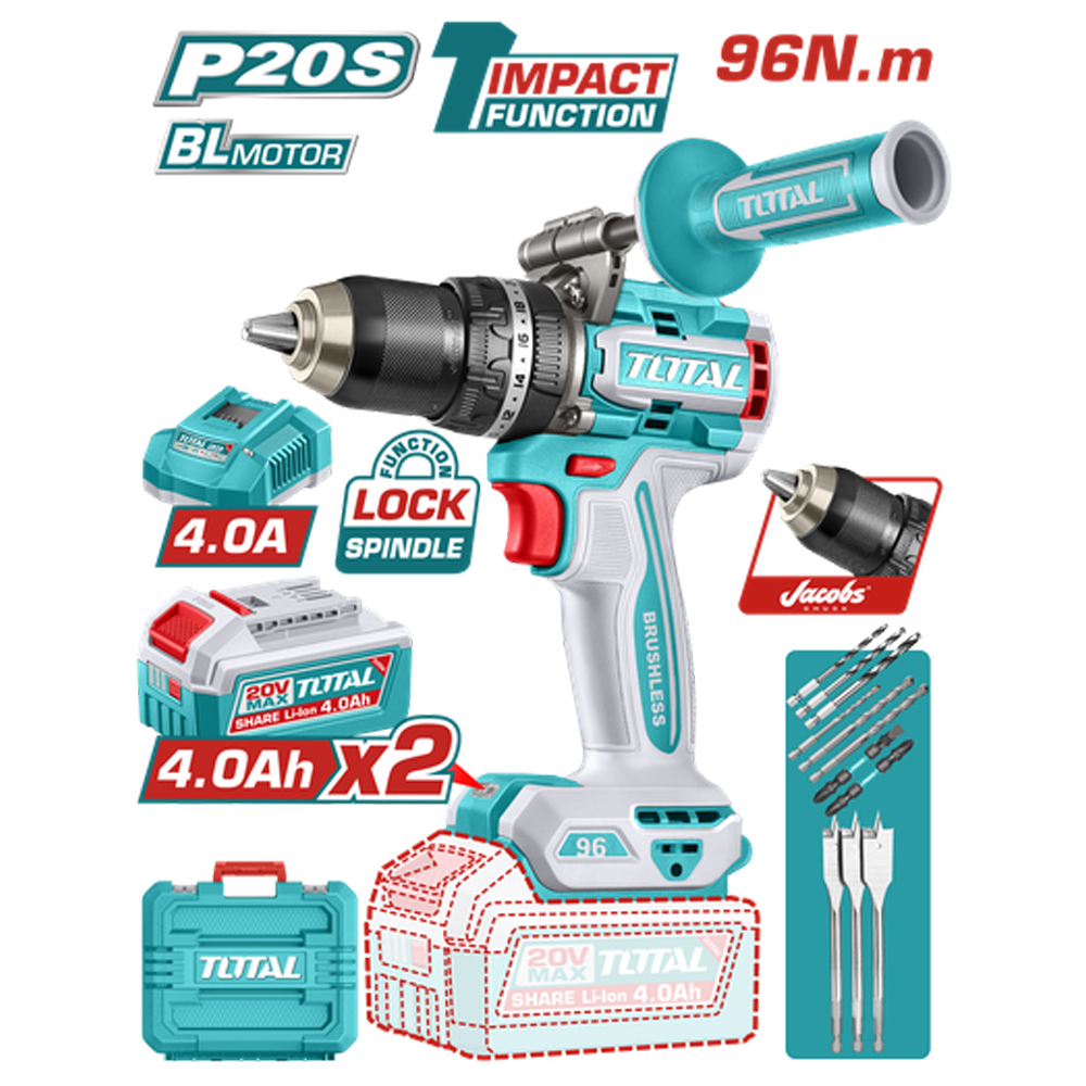 TALADRO INALAMBRICO  PERCUTOR 1/2 20V 96NM INCLUYE 2 BATERIA DE 4.0AH, CARGADOR, INCLUYE ACCESORIOS  INDUSTRIAL SUPER TOTAL (UTIDLI209686)