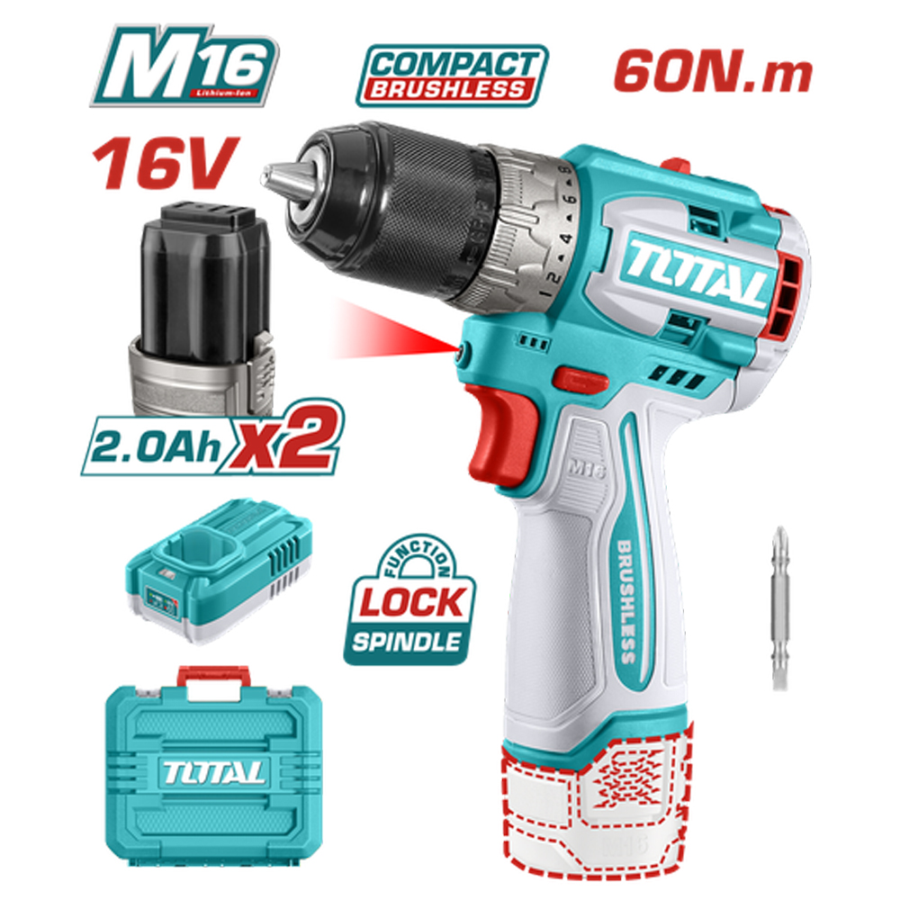 TALADRO INALAMBRICO 1/2 16V 60NM INCLUYE 2 BATERIAS 2,0AH Y CARGADOR  INDUSTRIAL SUPER TOTAL (UTDLI16682)