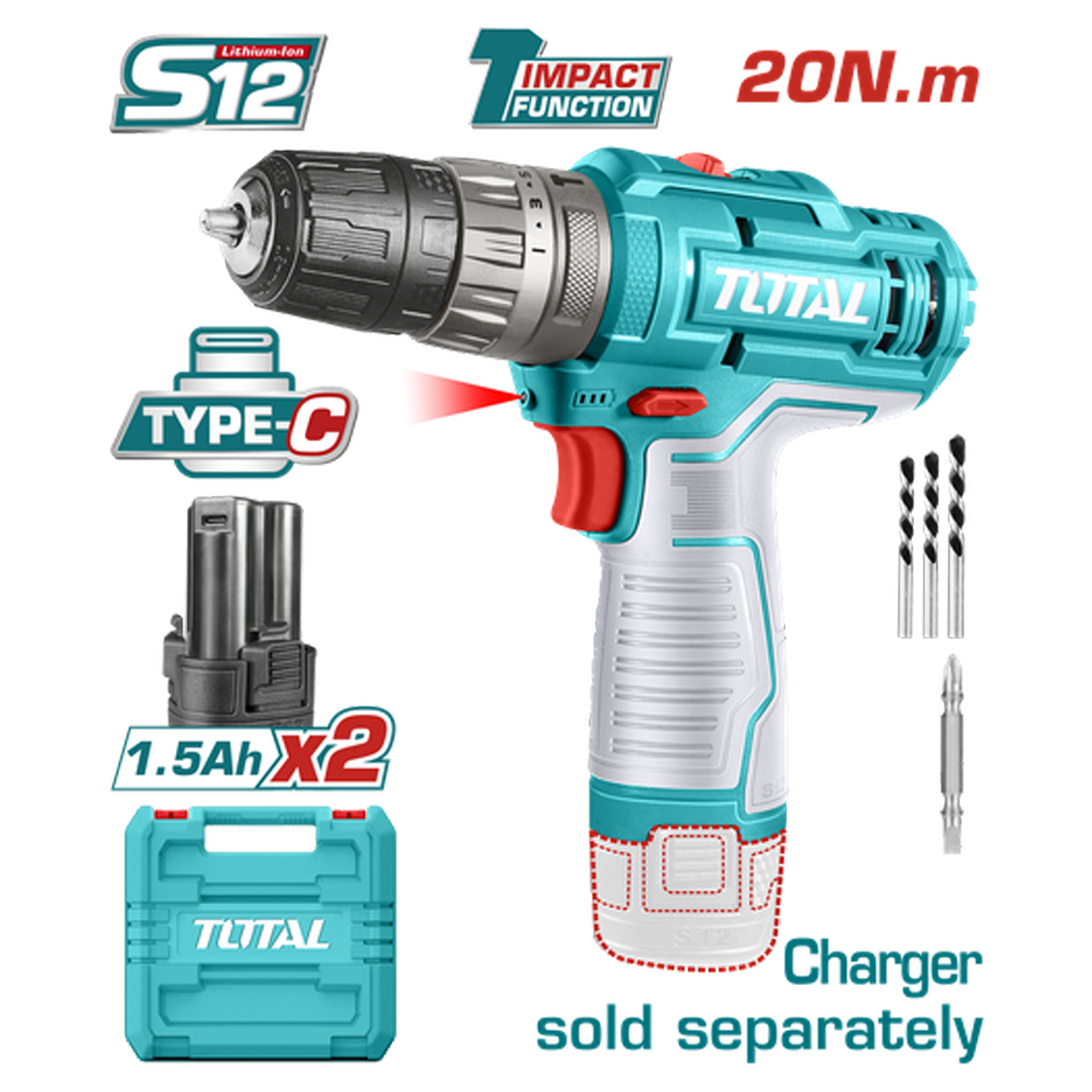 TALADRO INALAMBRICO 3/8 12V INCLUYE 2 BATERIAS 1.5 AH SUPER TOTAL  (TIDLI12202)