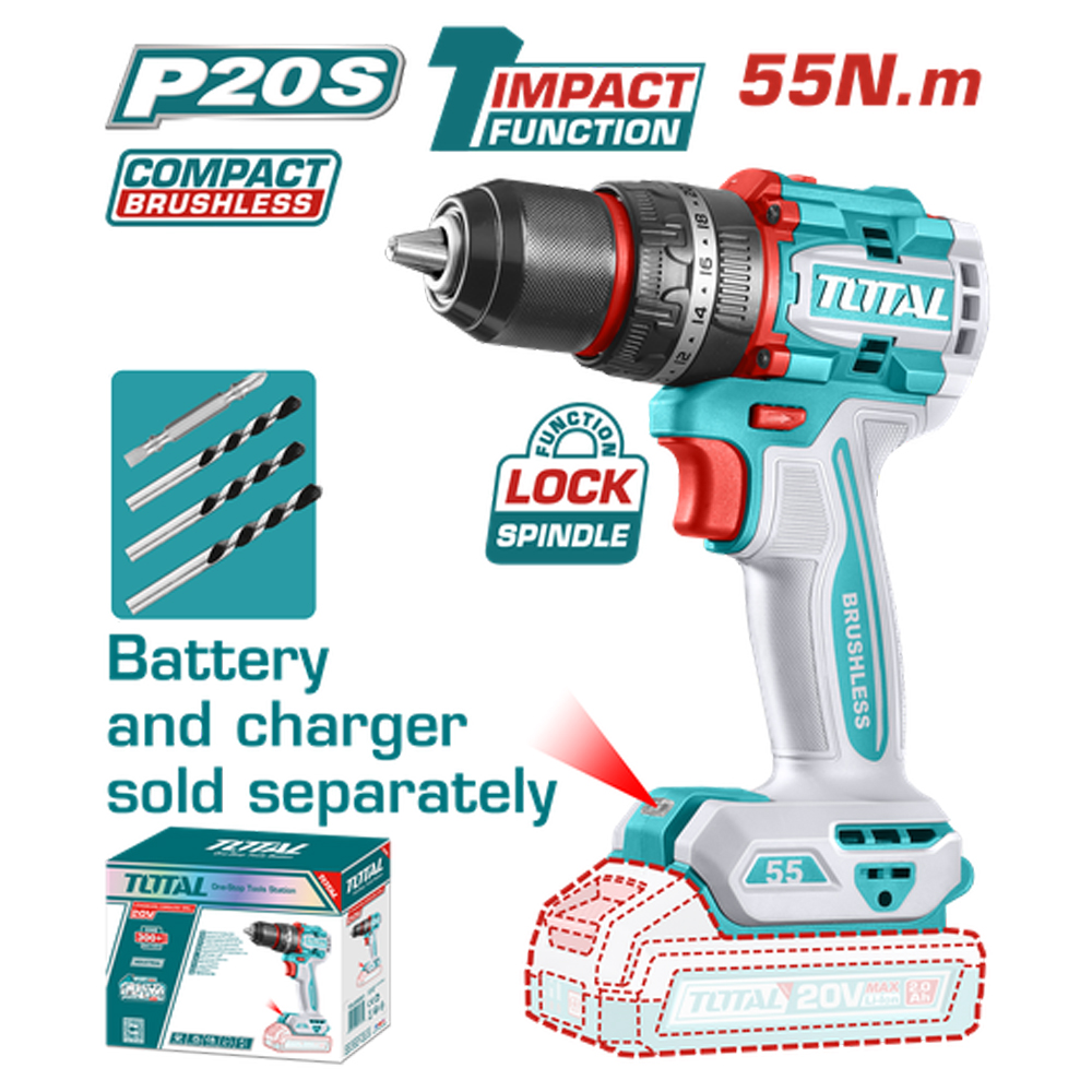 TALADRO INALAMBRICO PERCUTOR  1/2" 20V55 NM CARGADOR Y BATERIA NO INCLUIDO SUPER TOTAL (TIDLI205581)