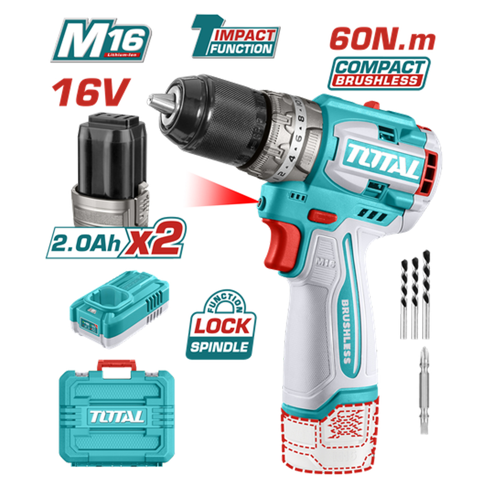 TALADRO INALAMBRICO PERCUTOR 1/2 16V 60NM INCLUYE 2 BATERIAS 2,0AH Y CARGADOR  INDUSTRIAL SUPER TOTAL (UTIDLI16682)