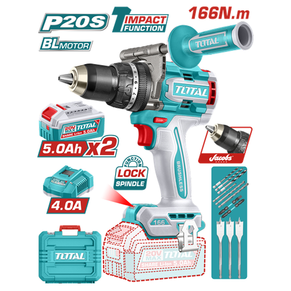 TALADRO INALAMBRICO PERCUTOR 1/2" 166NM 20V CAJA PLASTICA INCLUYE 2 BATERIAS 20V 5AH, 1 CARGADOR Y ACCESORIOS INDUSTRIAL SUPER TOTAL (UTIDLI201668)