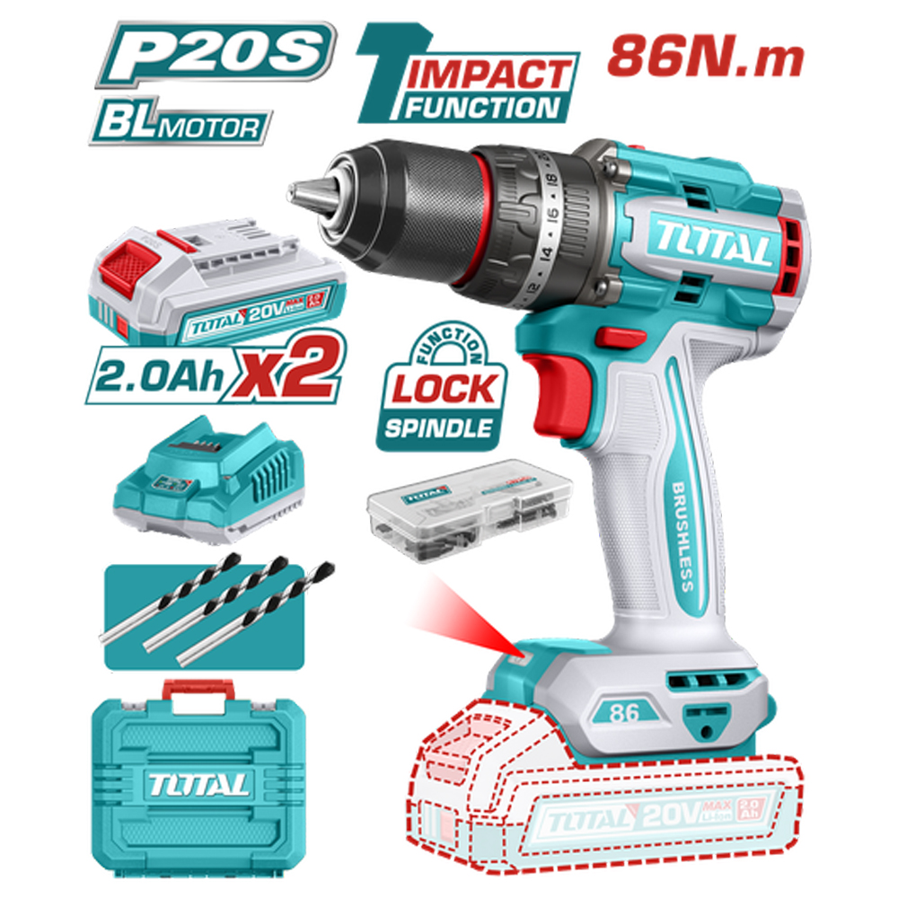 TALADRO INALAMBRICO PERCUTOR 1/2" 86NM 20V CAJA PLASTICA INCLUYE 2  BATERIA 2.0AH, 1 CARGADOR Y ACCESORIOS INDUSTRIAL SUPER TOTAL (UTIDLI208687)