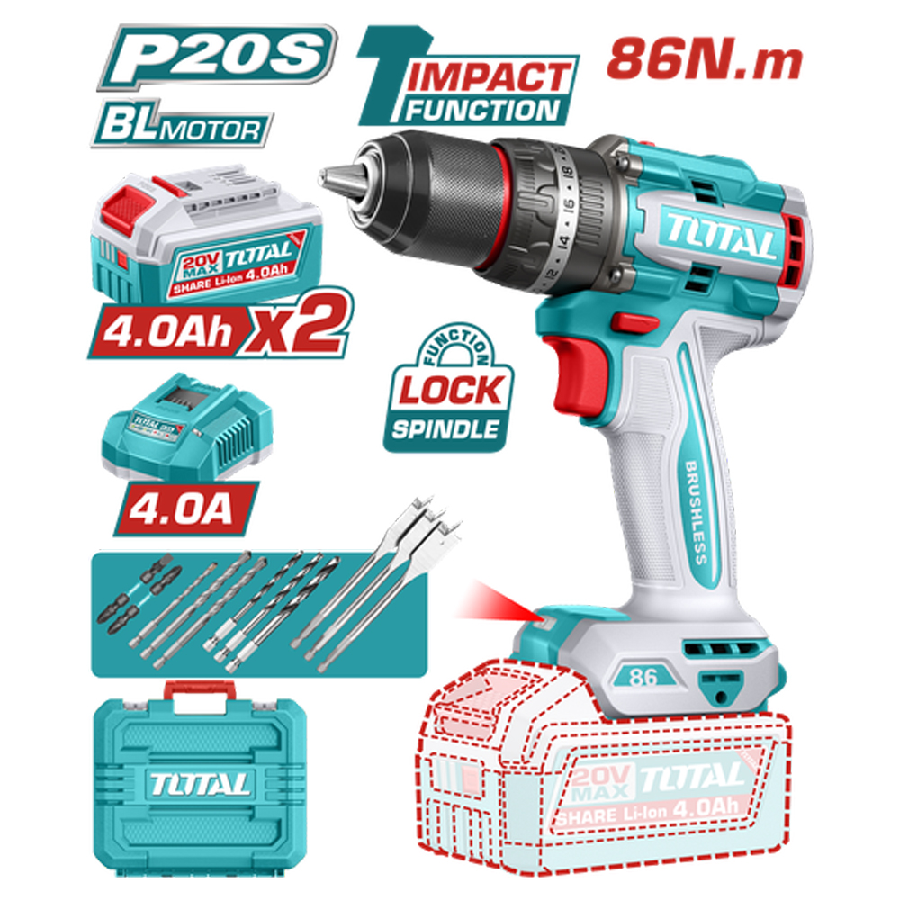 TALADRO INALAMBRICO PERCUTOR 1/2" 86NM 20V CAJA PLASTICA INCLUYE 2  BATERIA 4.0AH, 1 CARGADOR Y ACCESORIOS INDUSTRIAL SUPER TOTAL (UTIDLI208682)