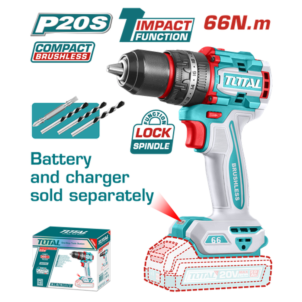 TALADRO PERCUTOR ATORNILLADOR INALAMBRICO 1/2 20V 66NM BATERIA Y CARGADOR SE VENDEN POR SEPARADO, INCLUYE 4 ACCESORIOS INDUSTRIAL SUPER TOTAL (TIDLI206681)