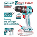 TALADRO PERCUTOR ATORNILLADOR INALAMBRICO 1/2 20V 66NM BATERIA Y CARGADOR SE VENDEN POR SEPARADO, INCLUYE 4 ACCESORIOS INDUSTRIAL SUPER TOTAL (TIDLI206681)