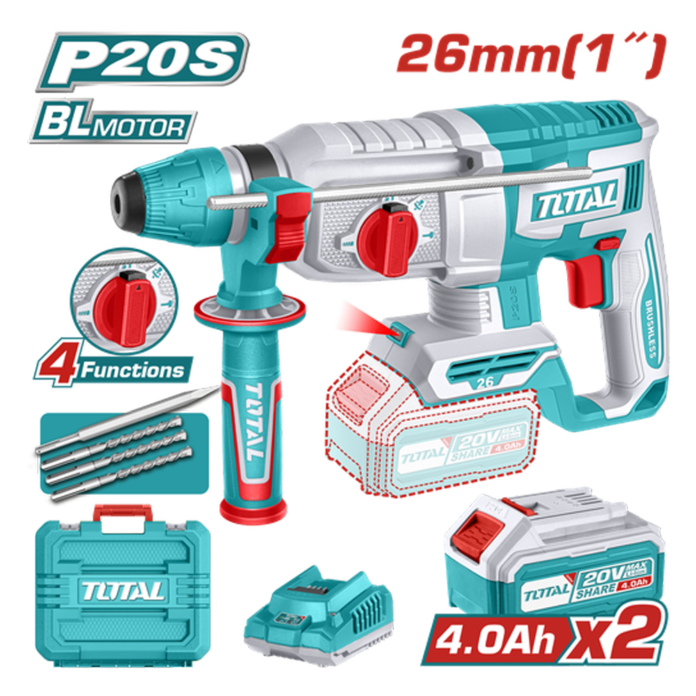 TALADRO ROTOMARTILLO 1" 20V SDS PLUS 2.5 JULES  INCLUYE 3 BROCAS , 1 CINCEL CARGADOR  Y BATERIA  INDUSTRIAL TOTAL (UTRHLI202682)