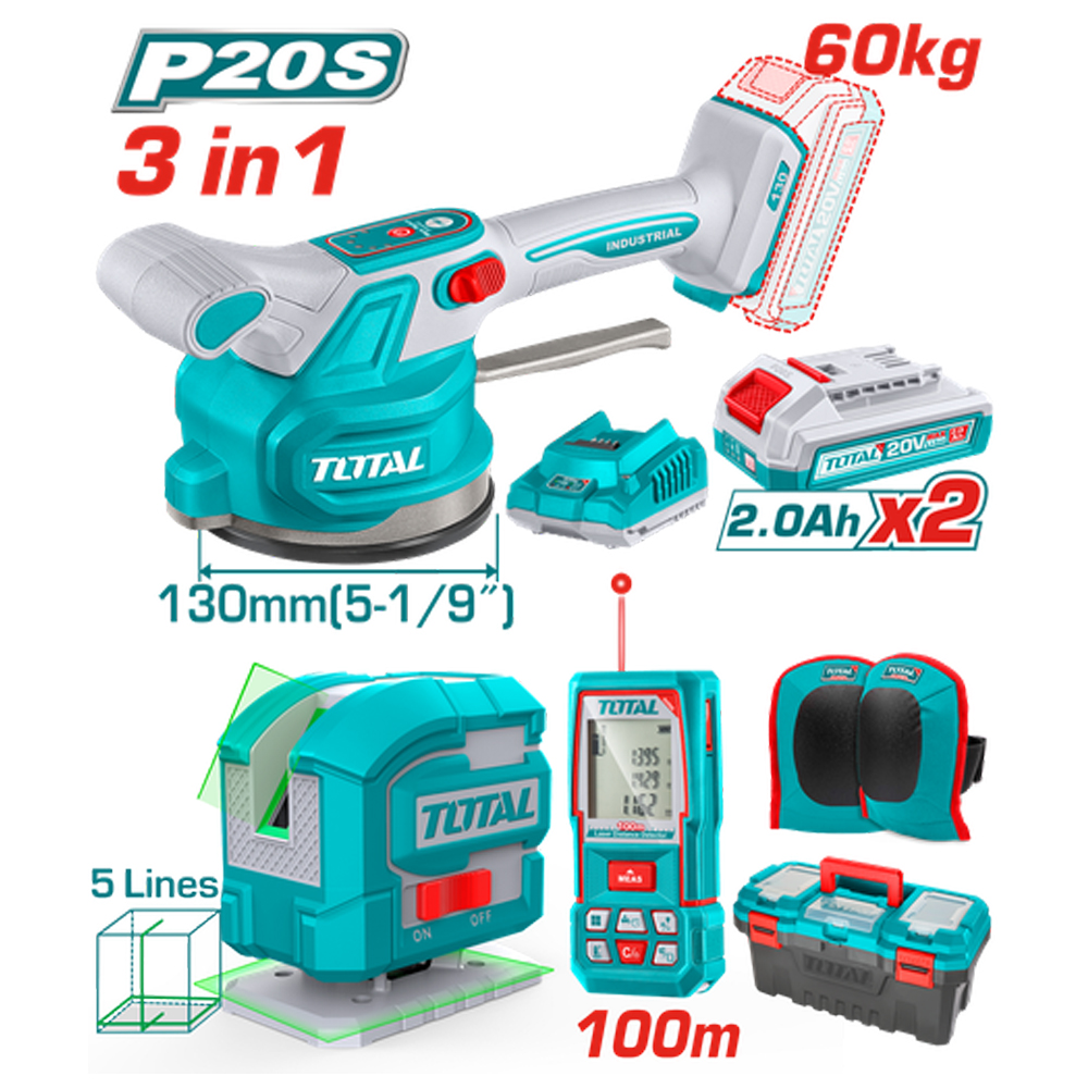 VIBRADOR DE BALDOSA INALAMBRICA 20V CON VENTOSA CAP 60KG INCLUYE 1 PAR DE RODILLERAS, METRO LASER 100M, NIVEL LASER 5 LINEAS 35M LUZ VERDE, 2 BATERISA 2.0AH , CARGADOR Y CAJA HERRAMIENTA INDUSTRIAL SUPER TOTAL (UTOSLI250606)