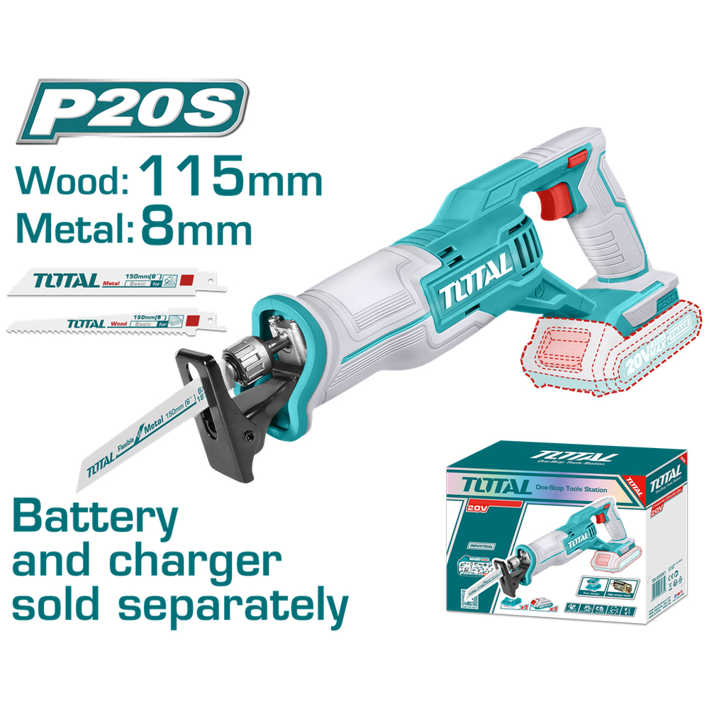 SIERRA SABLE INALAMBRICA 20V  (CAPACIDAD DE CORTE METAL:8MM-MADERA 115MM) INCLUYE DOS SEGUETAS, BATERIA Y CARGADOR NO INCLUIDO TOTAL (TRSLI1152)