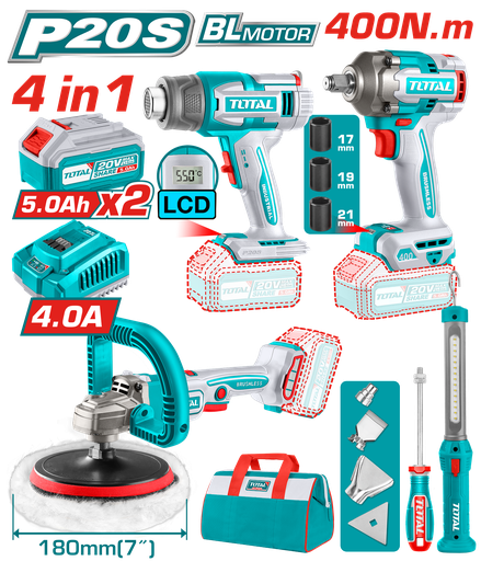 COMBO INALAMBRICO 20V POLICHADORA  7" + PISTOLA IMPACTO 1/2 400 NM + PISTOLA CALOR + LAMPARA DE TRABAJO  300 LUMENES INCLUYE 2 BATERIAS 5.0AH, 1 CARGADOR  Y  ACCESORIOS INDUSTRIAL SUPER TOTAL (UTOSLI241182)