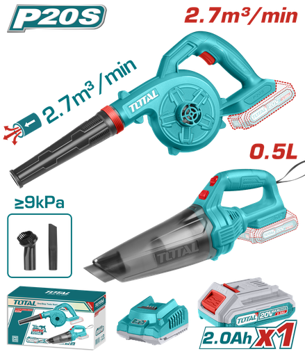 COMBO INALAMBRICO 20V SOPLADORA INALAMBRICA +  ASPIRADORA DE MANO 0,5L INCLUYE 1 BATERIA 2.0AH SUPER TOTAL (UTOSLI240998)