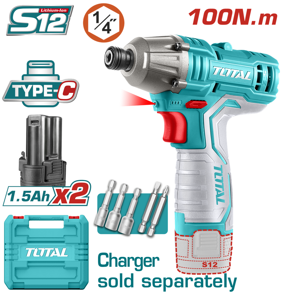 ATORNILLADOR DE IMPACTO INALAMBRICO 1/4 12V 100NM  INCLUYE 2 BATERIAS, 2 PUNTA TALADRO Y 3 COPAS  CAJA PLASTICA SUPER TOTAL (TIRLI12015)