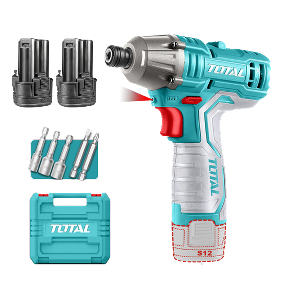 ATORNILLADOR DE IMPACTO INALAMBRICO 1/4 12V 100NM  INCLUYE 2 BATERIAS, 2 PUNTA TALADRO Y 3 COPAS  CAJA PLASTICA SUPER TOTAL (TIRLI12015)