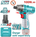 ATORNILLADOR DE IMPACTO INALAMBRICO 1/4 12V 100NM  INCLUYE 2 BATERIAS, 2 PUNTA TALADRO Y 3 COPAS  CAJA PLASTICA SUPER TOTAL (TIRLI12015)