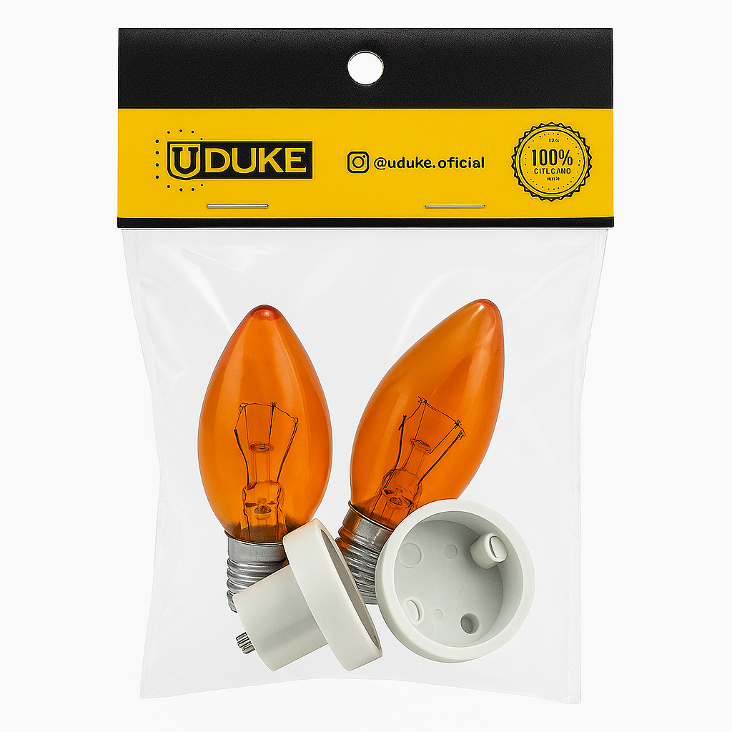 BOMBILLO CANDELABRO SENCILLO NARANJA  + SOCKET CANDELABRO PASTA PQT X 2 UDUKE