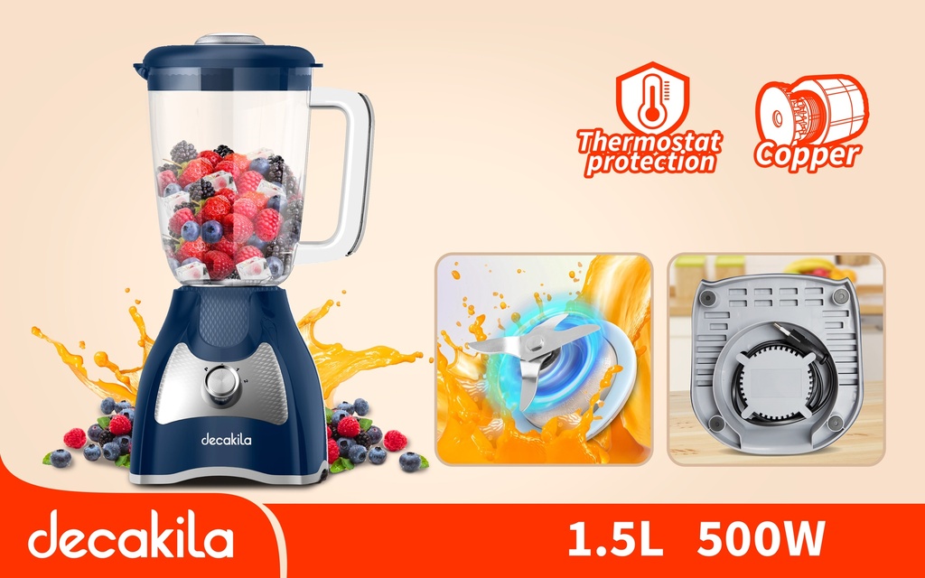 LICUADORA DE DOS VELOCIDADES 1.5L  VASO PLASTICO 120V DECAKILA (KUJB043L)