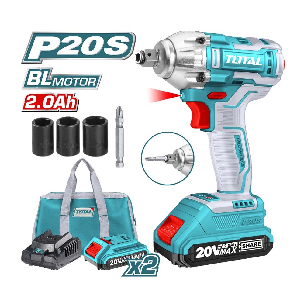 PISTOLA IMPACTO INALAMBRICA 1/2 20V INCLUYE 2 BATERIAS 1 CARGADOR COPAS DE 171921 Y PUNTA DESTORNILLADOR TOTAL(UTIWLI20208)