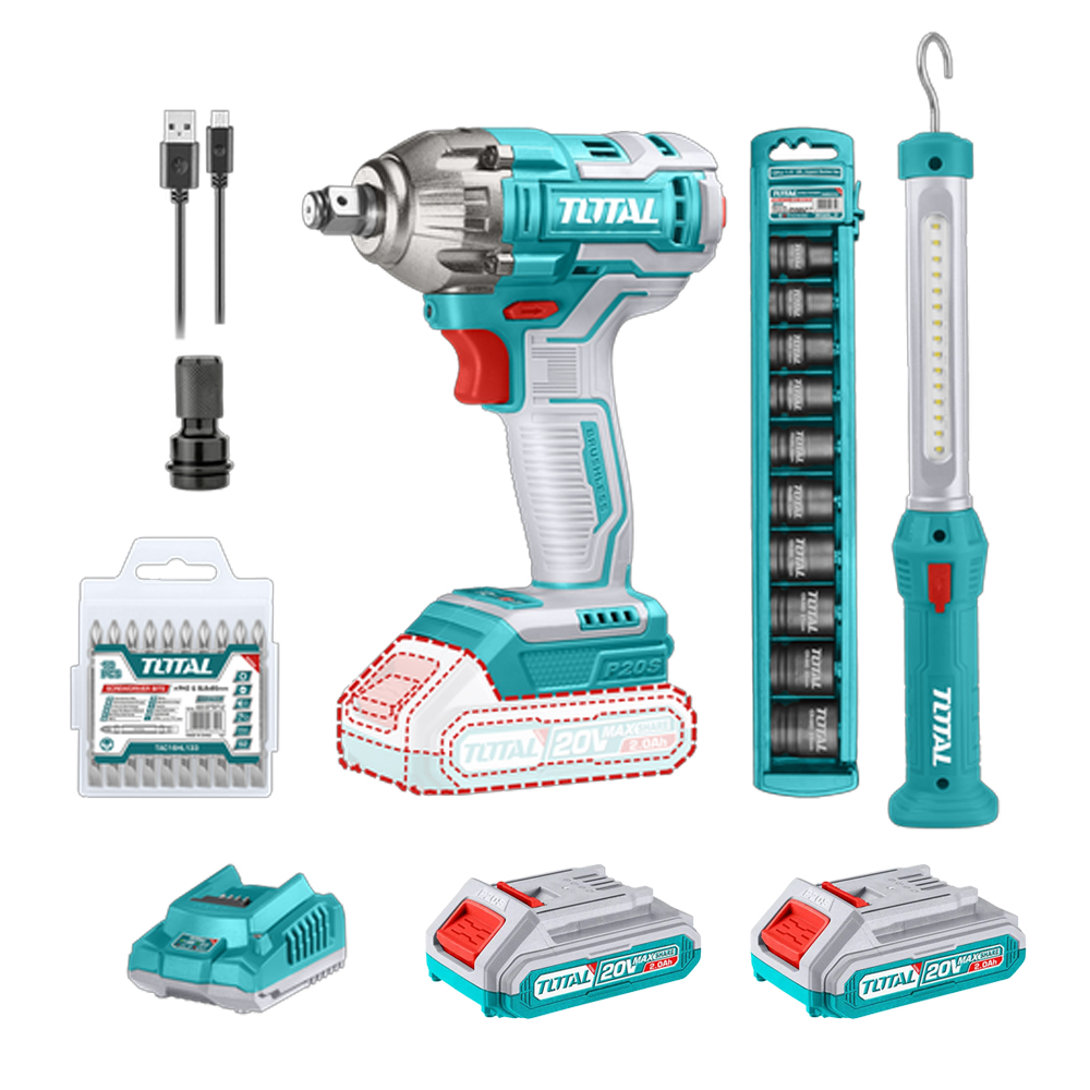 PISTOLA IMPACTO INALAMBRICA 1/2 20V 300 NM INCLUYE 2 BATERIAS 1 CARGADOR 1 LAMPARA DE TRABAJO 1 ADAPTADOR Y 10 PUNTAS TALADRO TOTAL (UTOSLI231004)