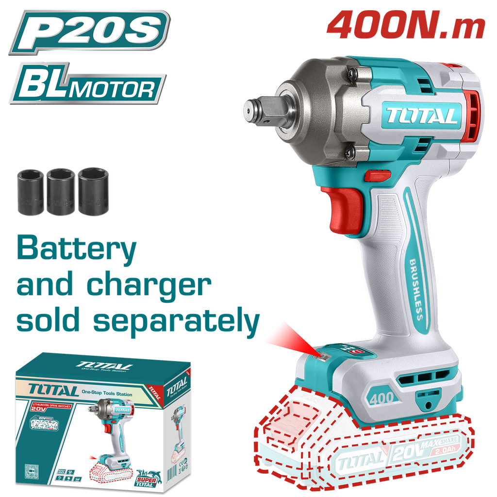 PISTOLA IMPACTO INALAMBRICA 1/2 20V 400NM  INCLUYE 3 COPAS 17,19,21 MM, CARGADOR Y BATERIA SE VENDEN POR SEPARADO INDUSTRIAL SUPER TOTAL (TIWLI20401)