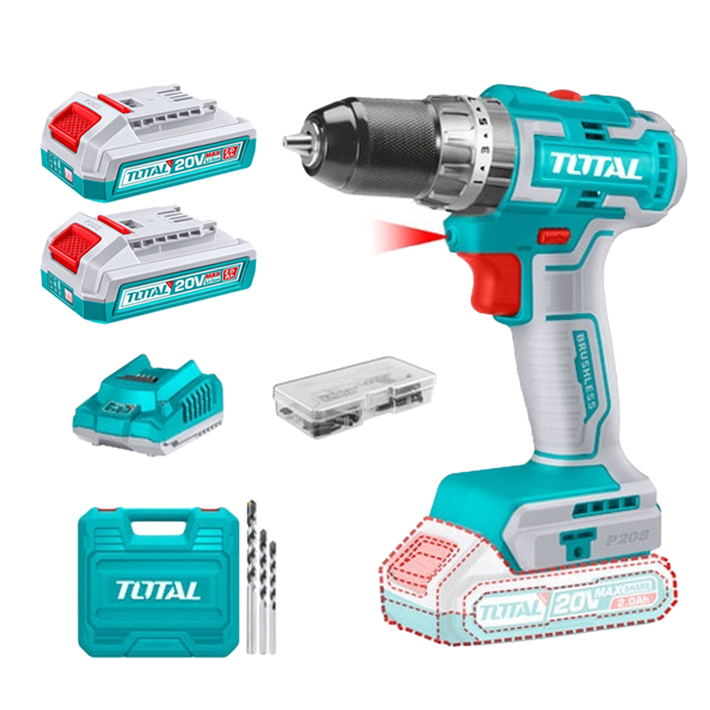 TALADRO INALAMBRICO 2-13" 20V INCLUYE 2 BATERIA 2.0Ah, 1CARGADOR Y 50 ACCESORIOS MOTOR SIN ESCOBILLAS CAJA PLASTICA INDUSTRIAL TOTAL(UTIDLI20605